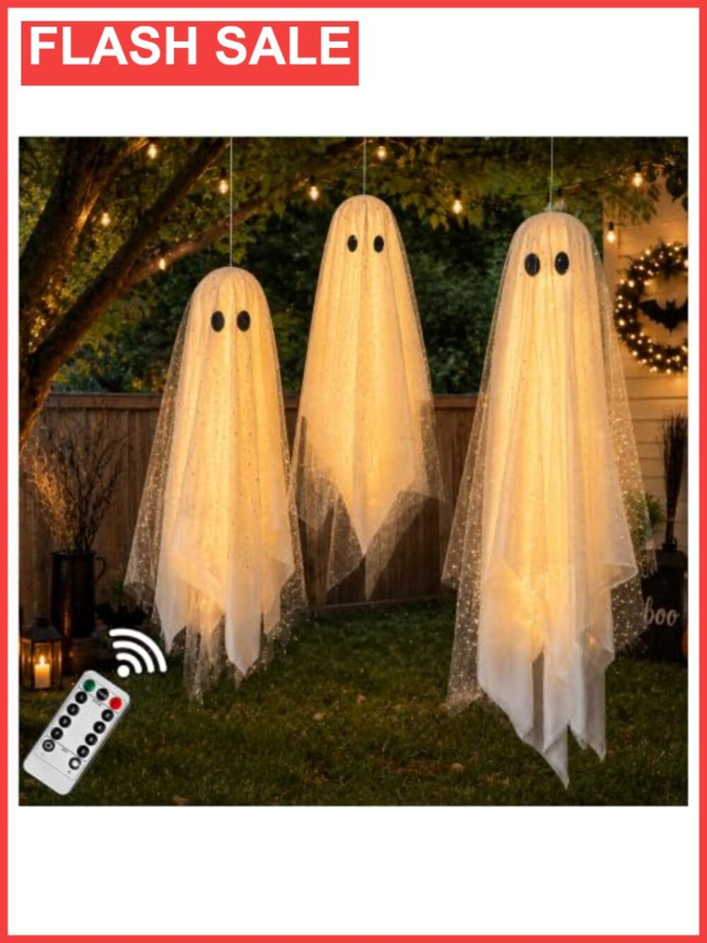 3pc Hanging Ghost Decor Set with Remote Timer String Lights